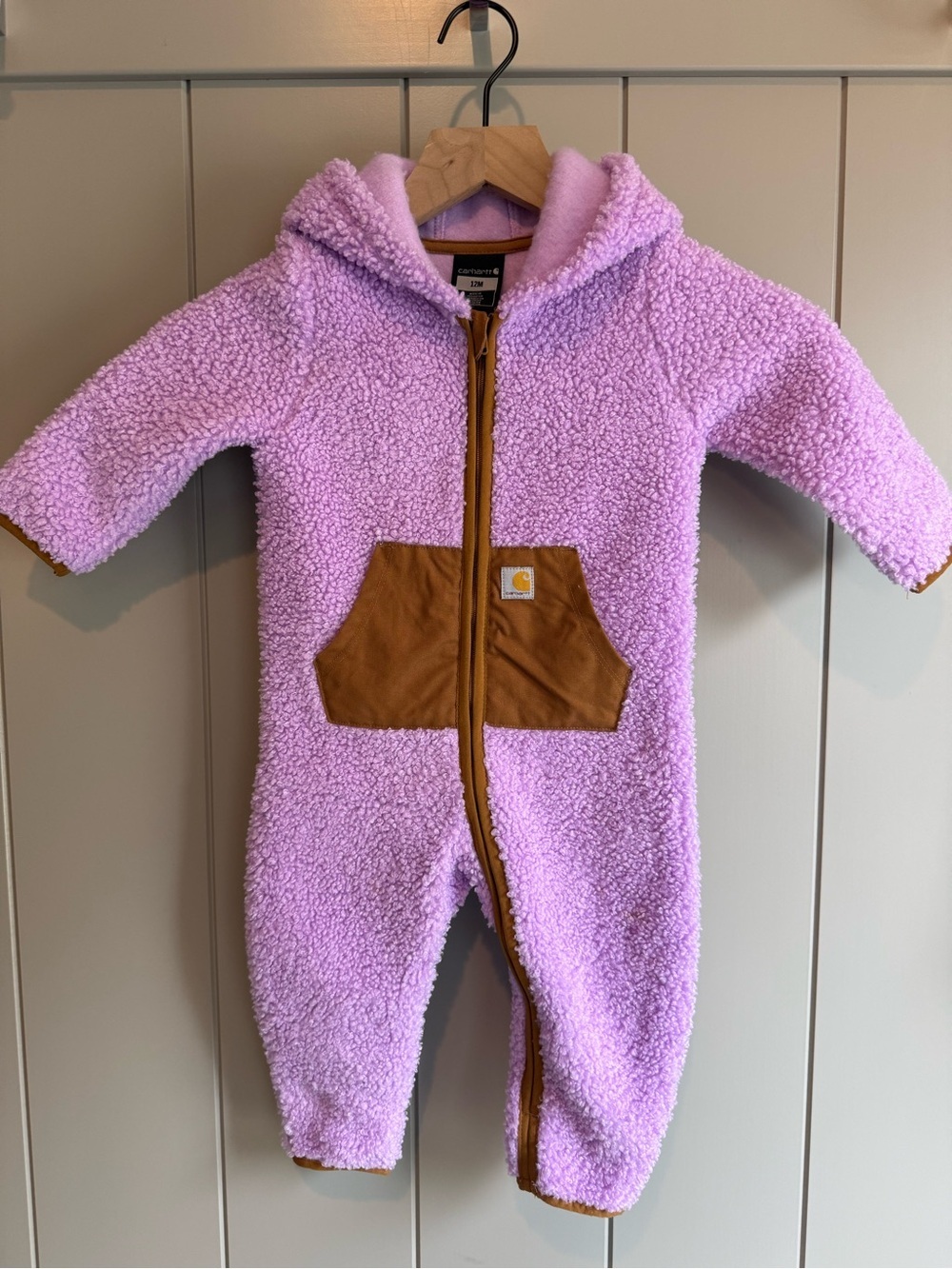 Carhartt Baby 12M Lavender Sherpa Hooded Coverall One Piece Zip Fleece Romper